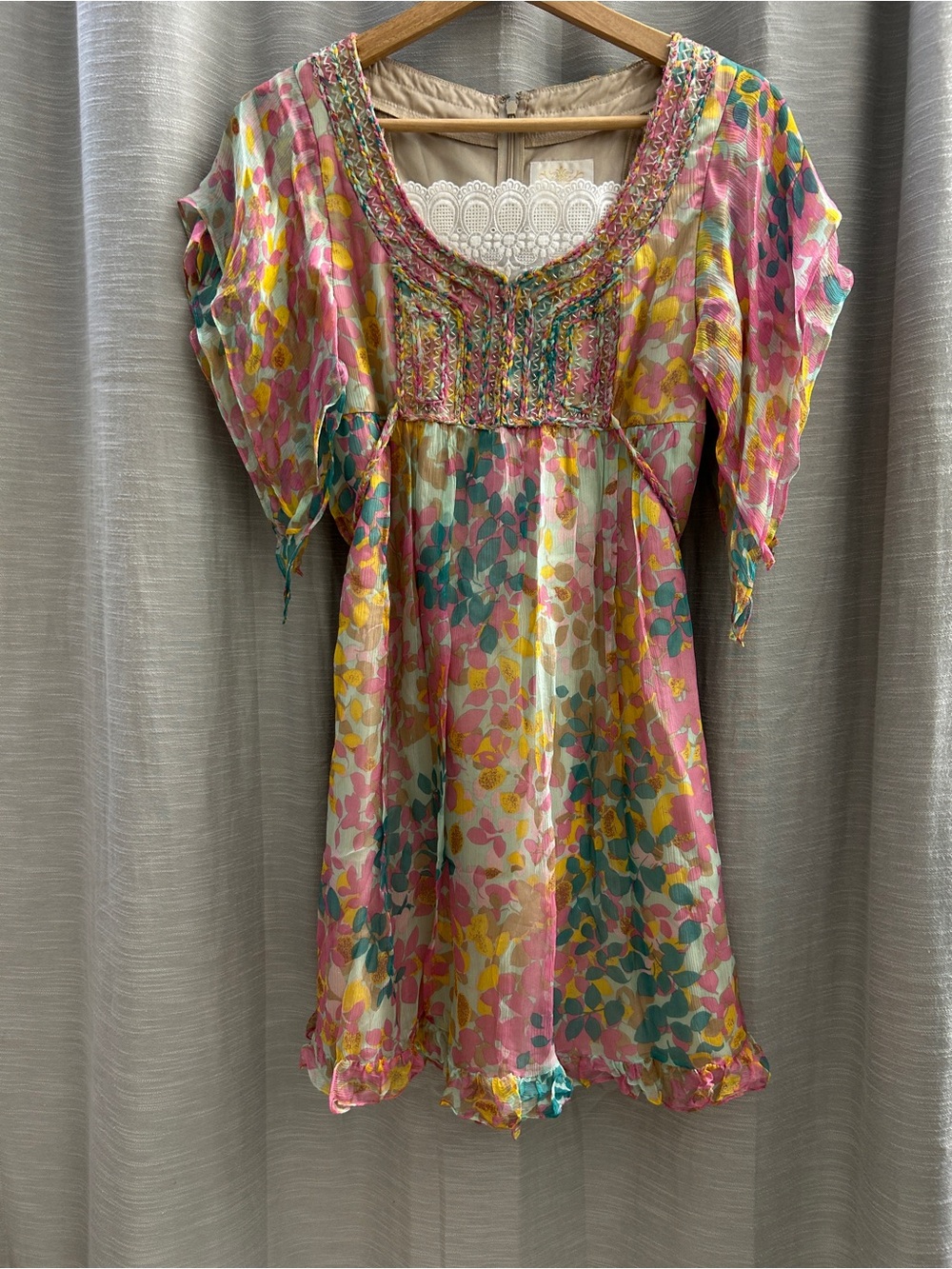 Grace Class Japan 100% Silk Floral Embroidered Boho Dress 36